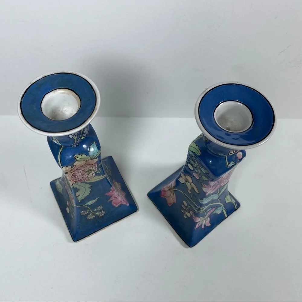 Vintage Chinoiserie Blue and White Floral Japan Ceramic Candlesticks Set of 2